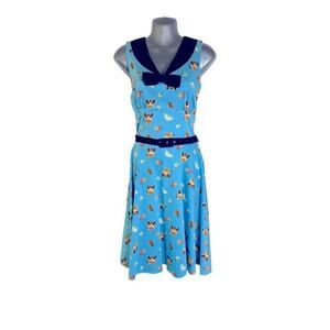 Voodoo Vixen Vintage Inspired Blue Belted Cat Print Fit & Flare Dress Size S